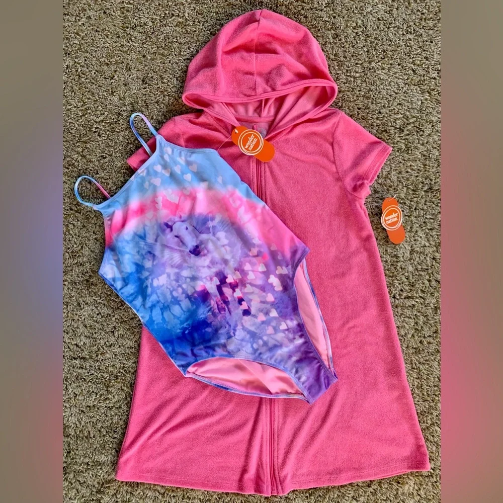 Wonder Nation Girls Size 14/16 Unicorn One-Piece Swimsuit & Coverup/ NWT - Picture 1 of 10